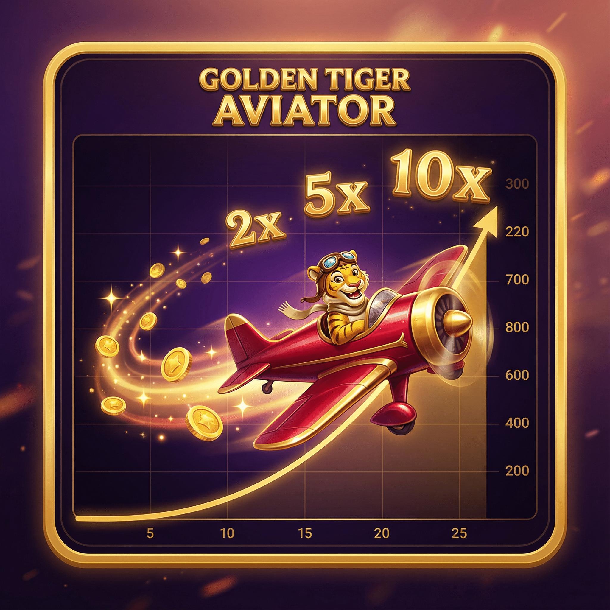 Juego Aviator con avión rojo y tigre piloto con multiplicadores